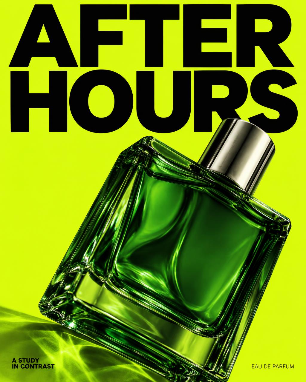 After Hours fragrance editorial with bold black typography and chartreuse palette