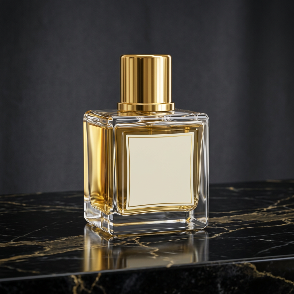 Matching fragrance bottle presented in a dramatic studio scene on dark marble